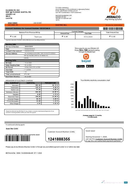 Philippines Meralco electricity business utility bill template in Word and PDF formats, version 2